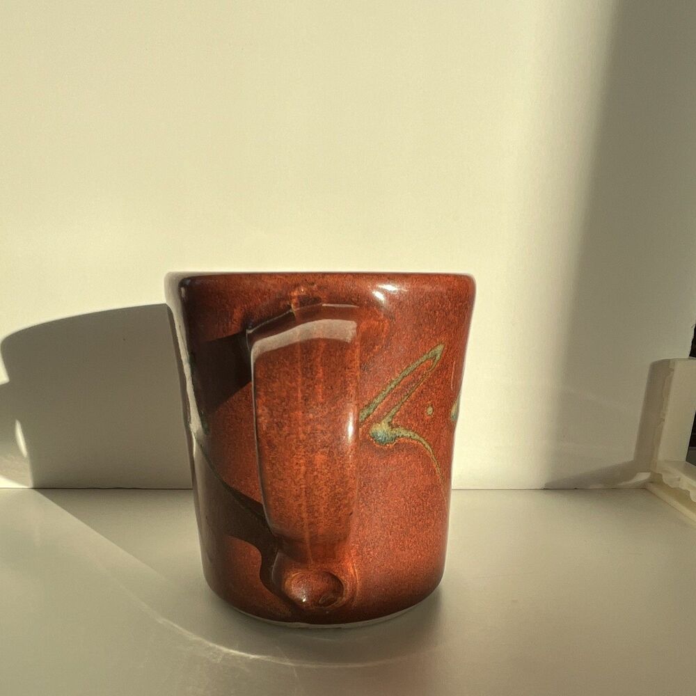 Hand Thrown Mug Red with R Pattern Rust Ceramic w Mark - Picture 4 of 7